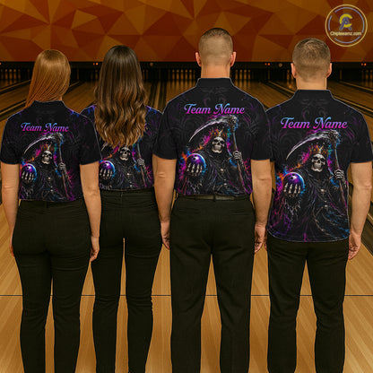 Four people standing with their backs to the camera in a bowling alley, wearing matching black short-sleeve shirts with a large grim reaper graphic and purple 'Team Name' text on the back.