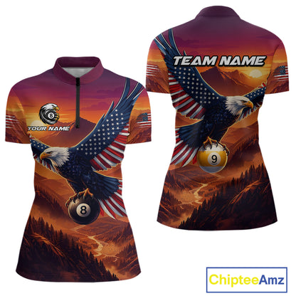 Customizable polo shirt with eagle and billiard ball design, featuring 'Your Name' and 'Team Name' text.