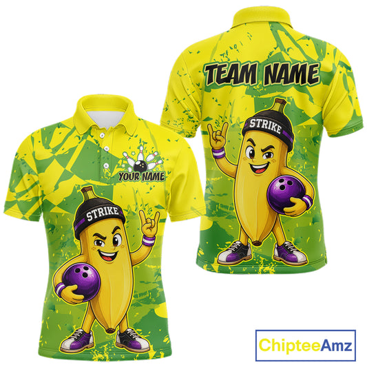 Front and back views of a yellow and green short-sleeve polo shirt with a cartoon banana bowling graphic, customizable text placeholders, and a ChipteeAmz logo in the bottom right corner.