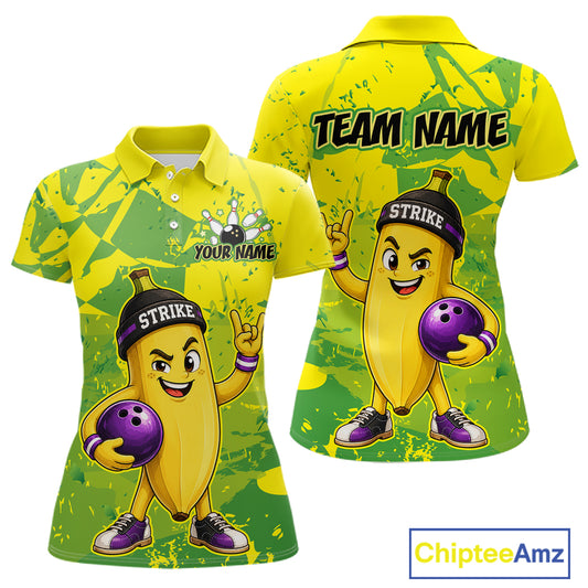 Front and back view custom yellow banana bowling polo shirt featuring a funny cartoon fruit, bowling ball and green camouflage pattern, displaying Your Name and Team Name
