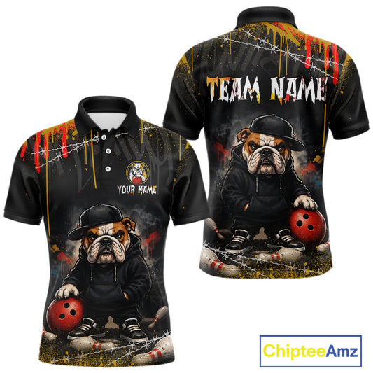 Custom black short-sleeve polo shirt shown from front and back, featuring a bulldog in a black hoodie holding a red bowling ball, with 'TEAM NAME' and 'YOUR NAME' text areas on a white background.
