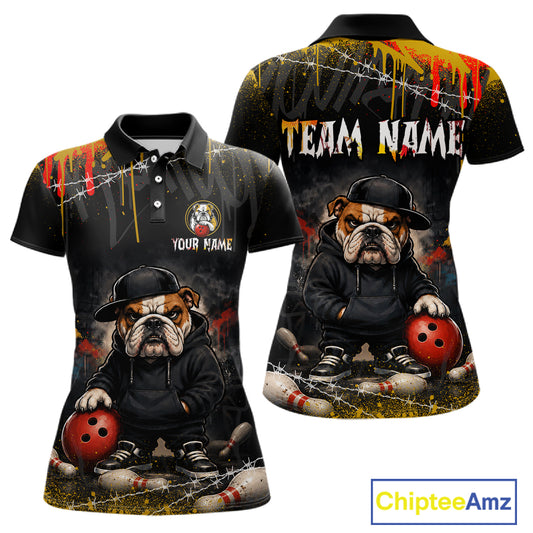 Front and back view custom black bulldog bowling polo shirt featuring a fierce cartoon mascot, bowling ball, paint drip effect and grunge pattern, displaying Your Name and Team Name