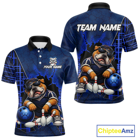 Front and back view custom blue bulldog bowling polo shirt featuring a tough cartoon mascot, bowling ball and blue grid pattern, displaying Your Name and Team Name