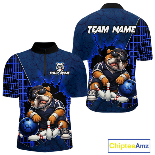 Custom short-sleeve quarter-zip bowling shirt shown from both front and back views. The shirt features a dark blue cracked-glass background with a cartoon bulldog wearing a bowling helmet and sunglasses, bowling with bowling pins and a bowling ball.