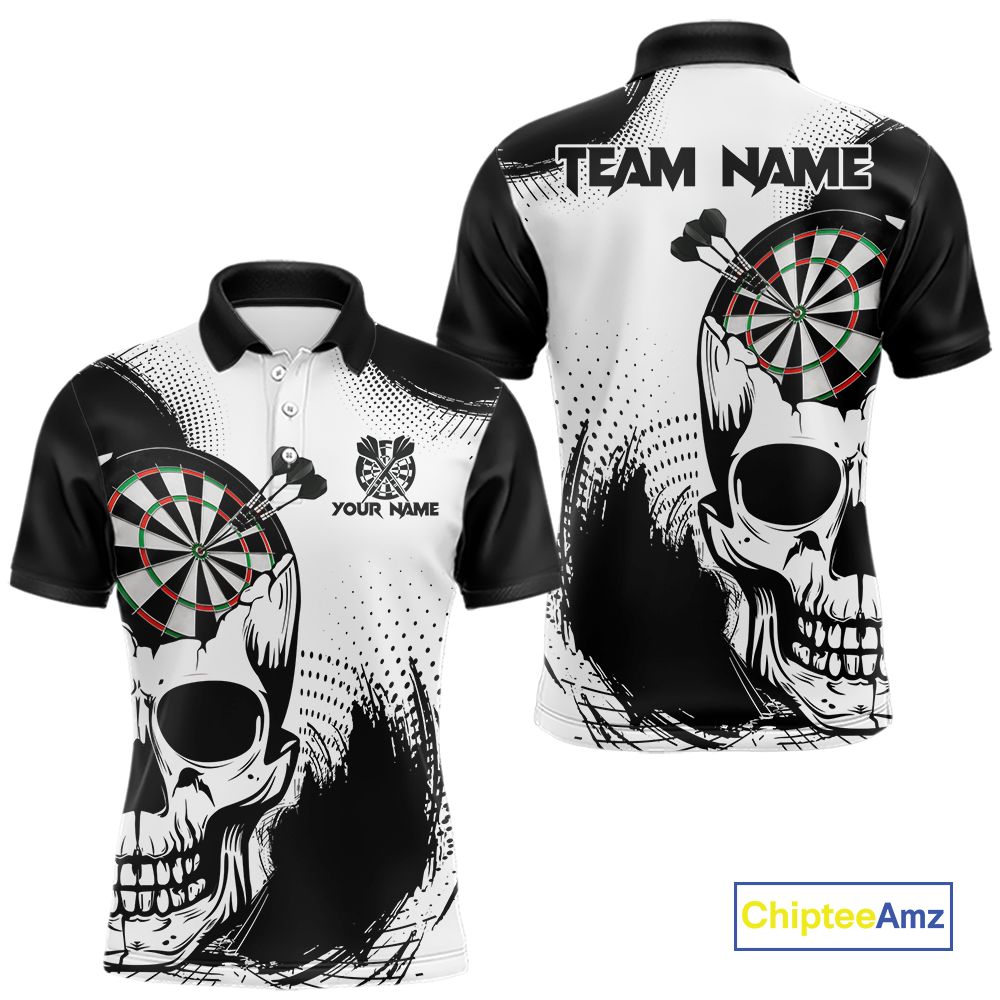 Personalized Skull Dart Shirts for Men Custom Black & White Dart Jersey Polo & Quarter-Zip Dartboard Shirt DHT24