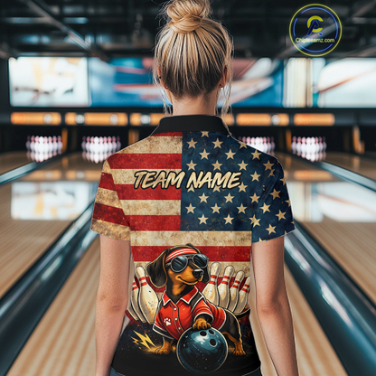 Custom American Flag Retro Dachshund Bowling Shirt Bowling Team Jersey for Women Polo & Quarter-Zip QZT942