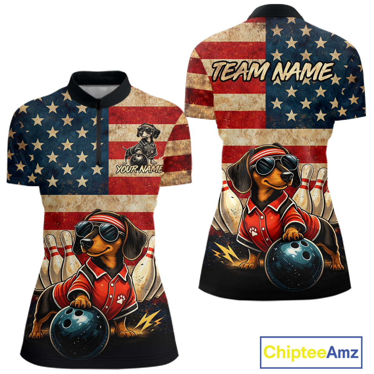 Custom American Flag Retro Dachshund Bowling Shirt Bowling Team Jersey for Women Polo & Quarter-Zip QZT942