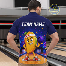Load image into Gallery viewer, Person wearing a blue shirt with a cartoon character holding a bowling ball on a bowling alley.