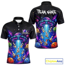 Load image into Gallery viewer, Black polo shirt with colorful alien design and 'Team Name' text on the back, featuring the brand 'Chiptee Amz'.