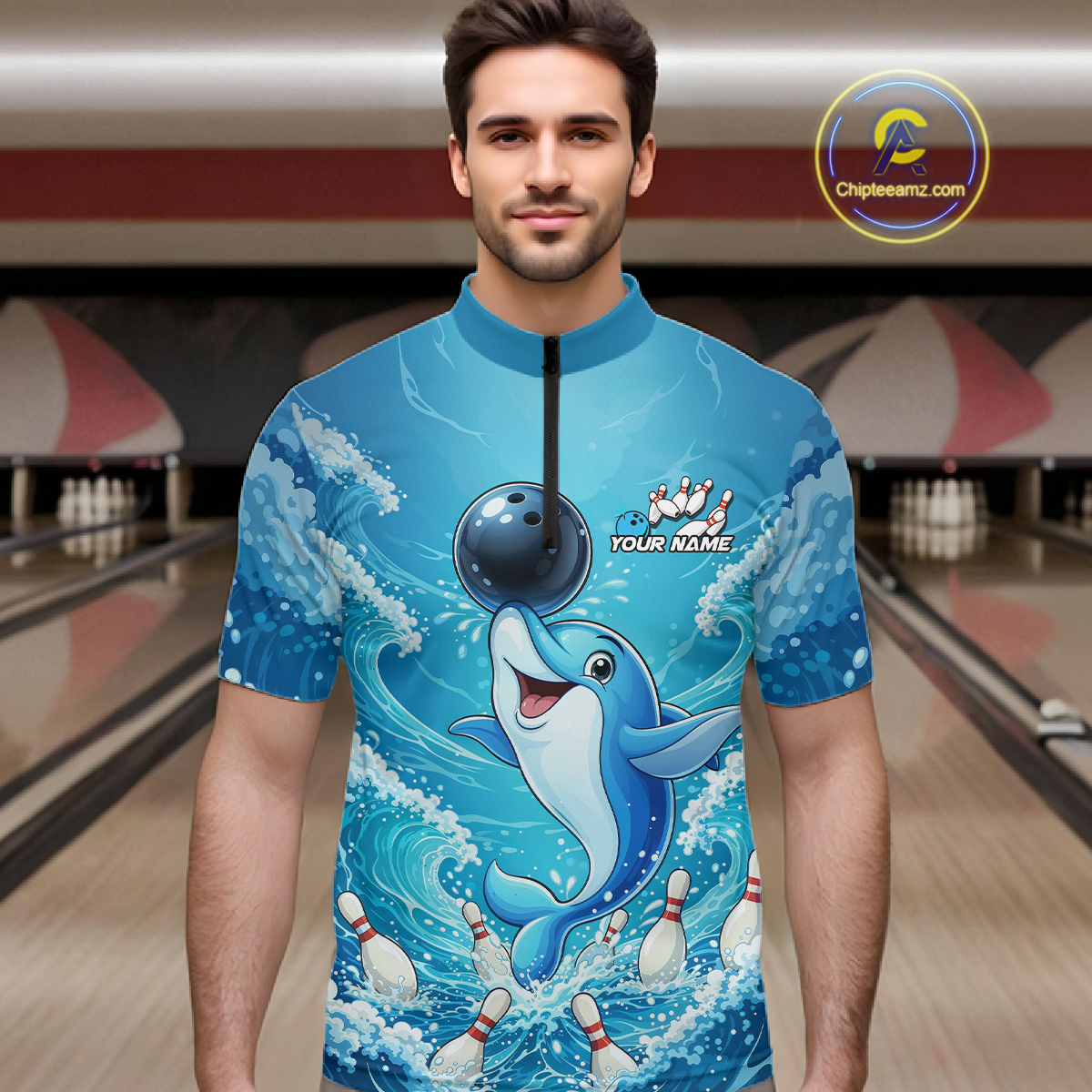 Custom Funny Dolphin Bowling Polo Shirt Blue Ocean Theme Team Jersey Bowling Outfit for Men QZT857