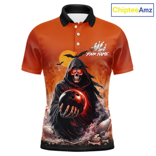 Front view custom orange grim reaper bowling polo shirt featuring a hooded grim reaper holding a glowing bowling ball, fiery smoke effect and sunset background, personalized with player name