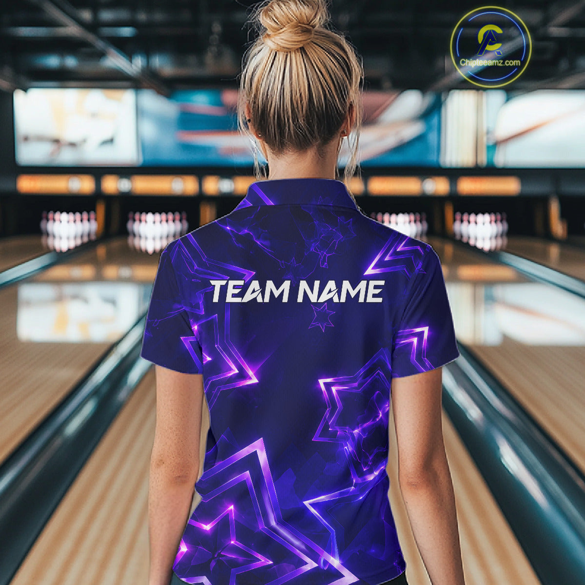 Custom Neon Purple Star Bowling Shirt for Women Bowling Jersey Polo & Quarter-Zip QZT1025