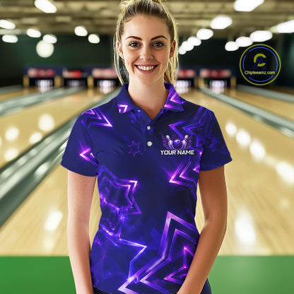 Custom Neon Purple Star Bowling Shirt for Women Bowling Jersey Polo & Quarter-Zip QZT1025