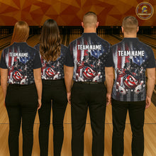 Load image into Gallery viewer, Four people wearing matching bowling shirts with a team name on a bowling alley.