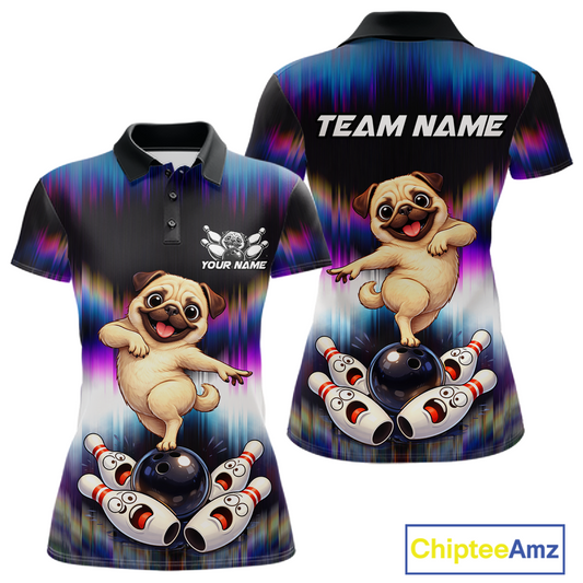 Custom Colorful Funny Pug Dog Bowling Shirt Bowling Jersey for Women Polo & 1/4-Zip Bowling Outfit QZT905