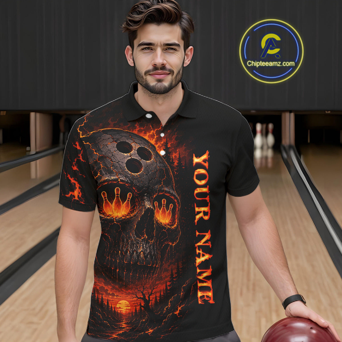 Man wearing a black polo shirt with fiery design and 'Your Name' text in a bowling alley.