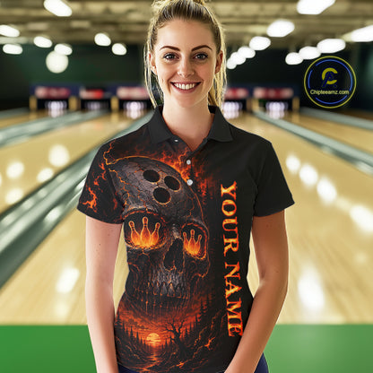 Woman wearing a black bowling shirt with a fiery design and 'Your Name' text in a bowling alley.
