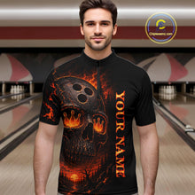 Load image into Gallery viewer, Man wearing a black bowling shirt with fiery design and 'Your Name' text in a bowling alley.