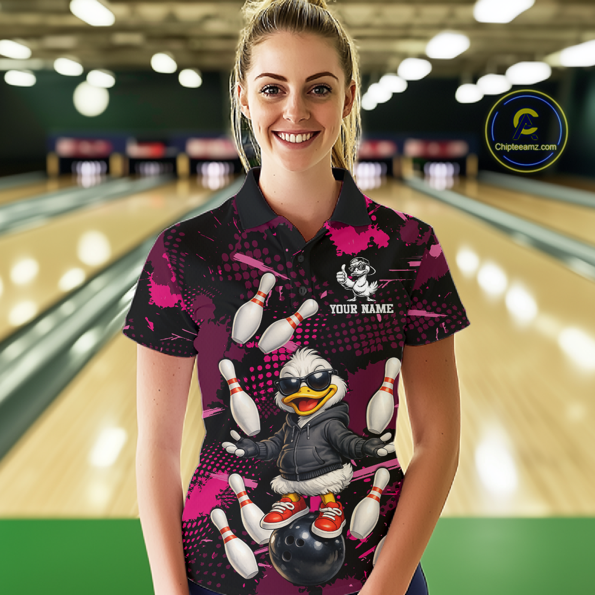 Custom Pink Funny Duck Bowling Shirt for Women Bowling Jersey Polo & 1/4 Zip Bowling Outfit QZT943