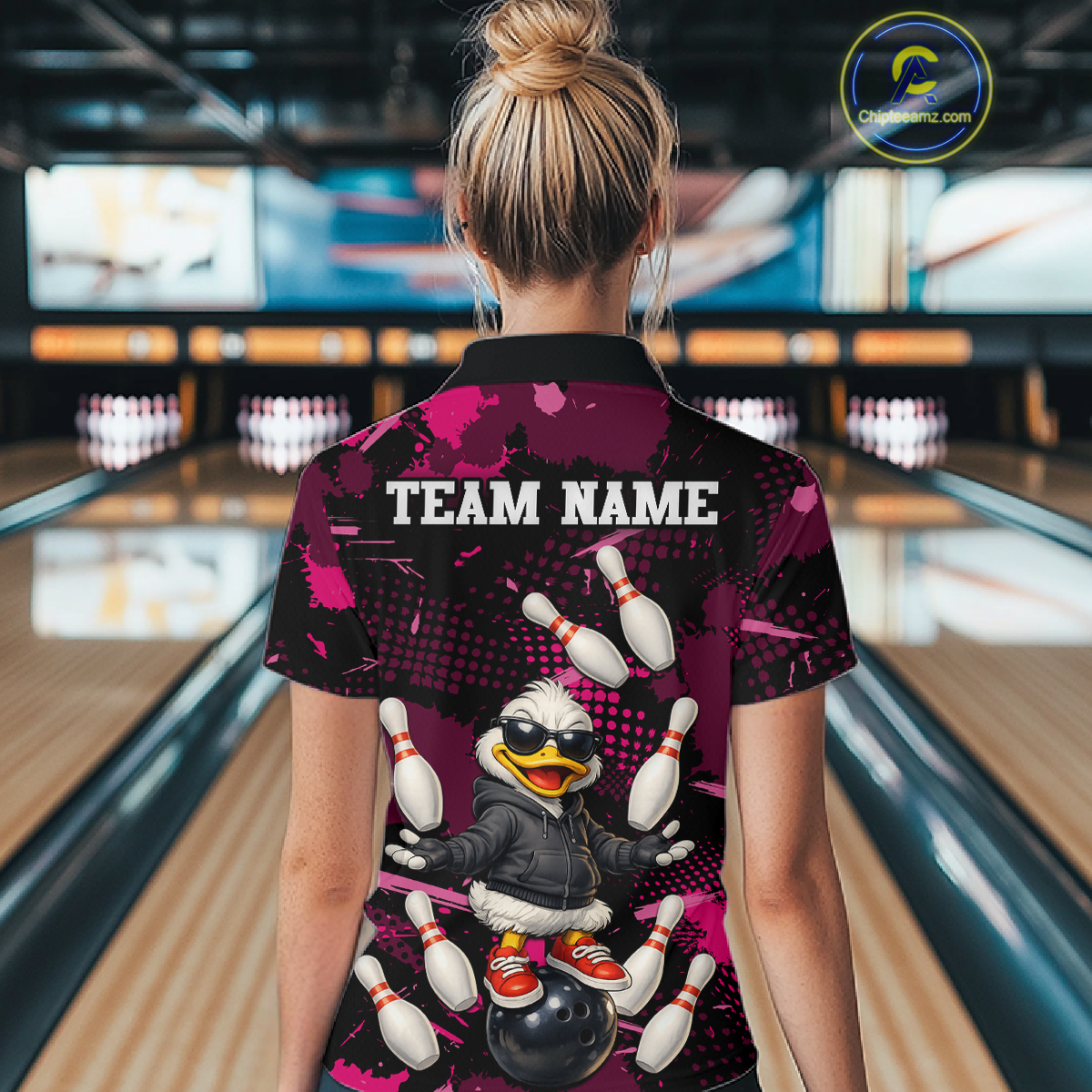 Custom Pink Funny Duck Bowling Shirt for Women Bowling Jersey Polo & 1/4 Zip Bowling Outfit QZT943