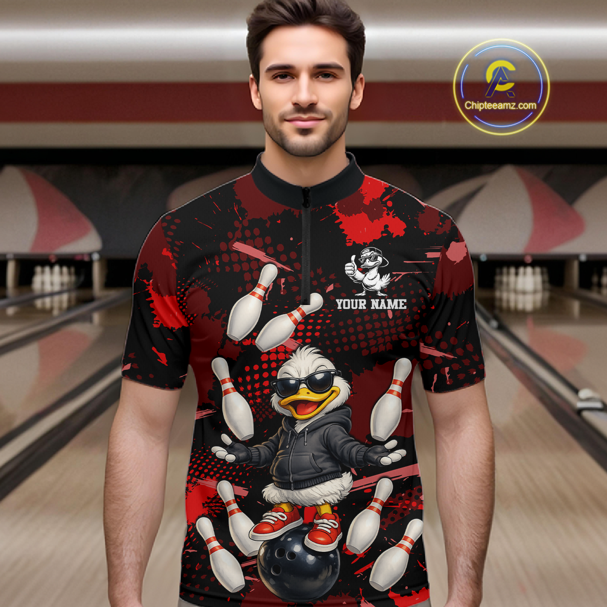 Custom Red Funny Duck Bowling Shirt for Men Bowling Jersey Polo & 1/4 Zip Bowling Outfit QZT943