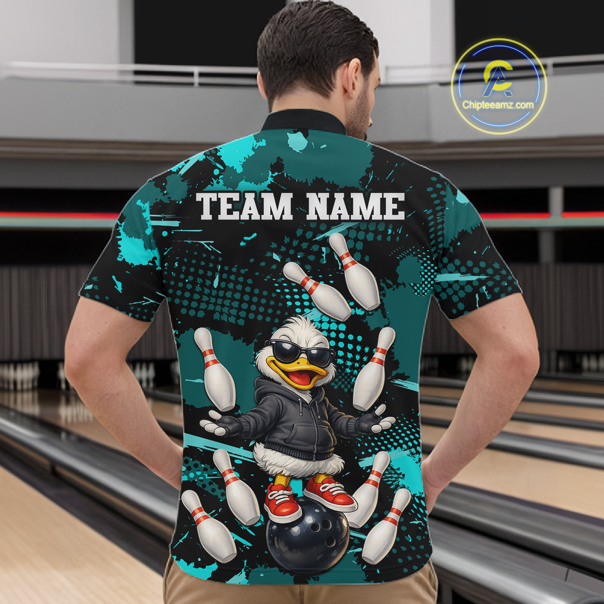 Custom Turquoise Funny Duck Bowling Shirt for Men Bowling Jersey Polo & 1/4 Zip Bowling Outfit QZT943