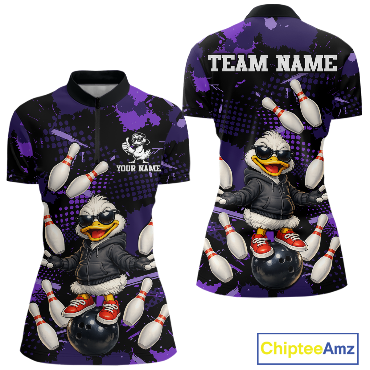 Custom Purple Funny Duck Bowling Shirt for Women Bowling Jersey Polo & 1/4 Zip Bowling Outfit QZT943