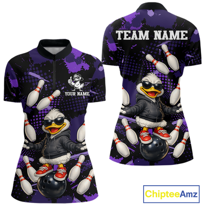 Custom Purple Funny Duck Bowling Shirt for Women Bowling Jersey Polo & 1/4 Zip Bowling Outfit QZT943