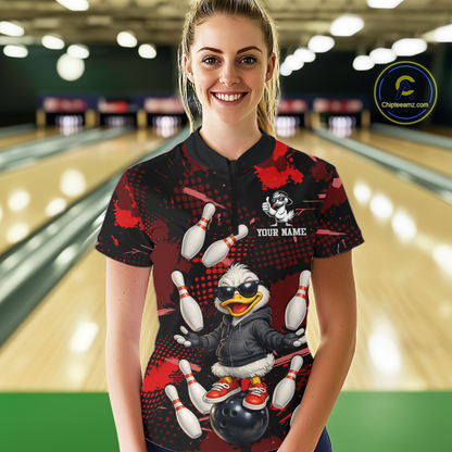Custom Red Funny Duck Bowling Shirt for Women Bowling Jersey Polo & 1/4 Zip Bowling Outfit QZT943