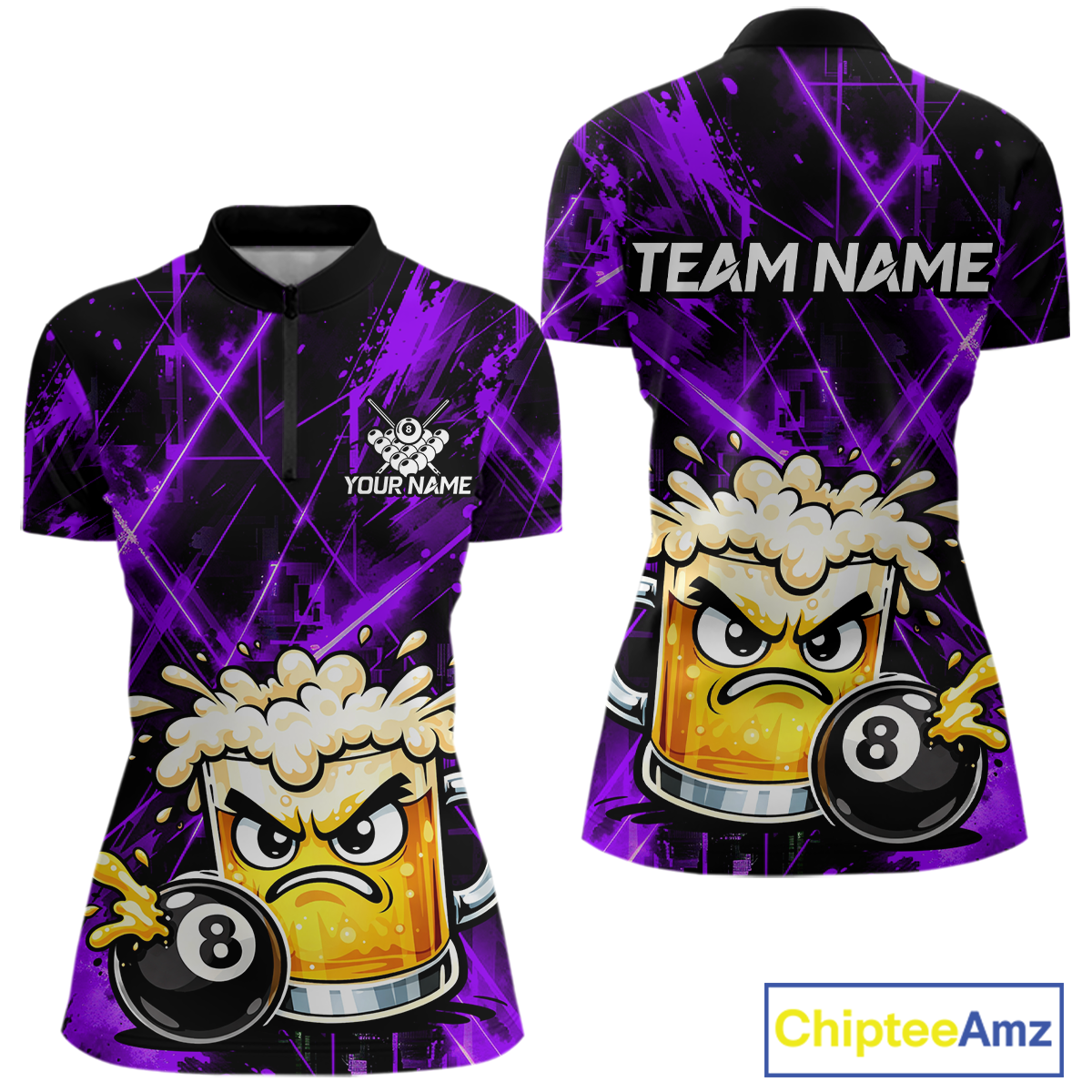 Custom Purple Funny Beer Billiard Shirt for Women Billiard Jersey 8 Ball Pool Shirt Outfit BHT23