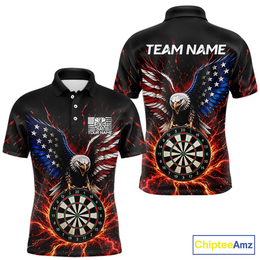Front and back view of a custom patriotic eagle dart polo shirt featuring a bald eagle, an American flag, and a flaming dartboard, personalized team name and player name.