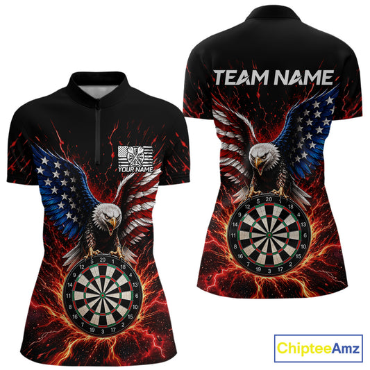 Front and back view of a custom patriotic eagle dart quarter zip featuring a bald eagle, an American flag, and a flaming dartboard, personalized team name and player name