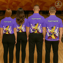 Load image into Gallery viewer, Four people wearing purple shirts with cartoon characters and 'Team Name' text on a bowling alley background.
