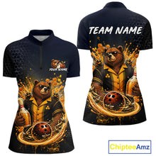 Load image into Gallery viewer,  Custom black &amp; gold bear bee &amp; beer bowling quarter-zip shirt, front and back views, bowling league jersey for women