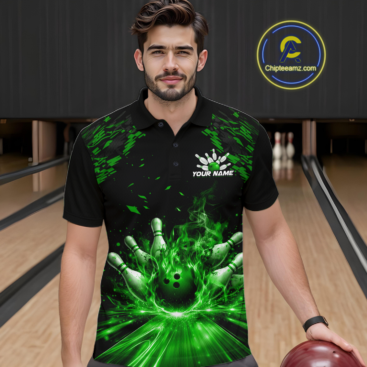 Custom Green Flame Bowling Team Shirt for Men Polo & 1/4-Zip Bowling Jersey Bowling League Uniform QZT866