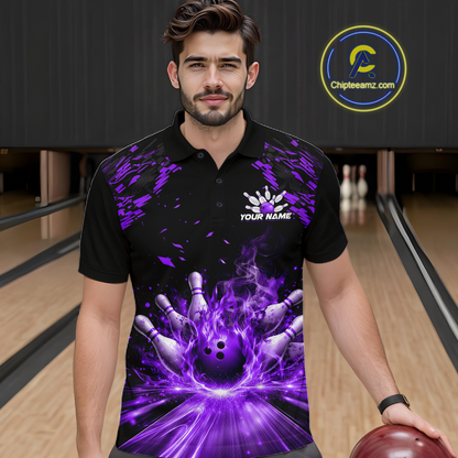 Custom Purple Flame Bowling Team Shirt for Men Polo & 1/4-Zip Bowling Jersey Bowling League Uniform QZT866
