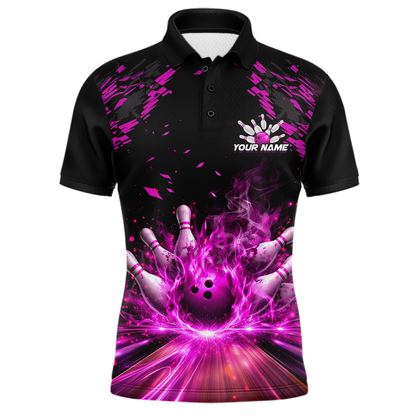 Custom Pink Flame Bowling Team Shirt for Men Polo & 1/4-Zip Bowling Jersey Bowling League Uniform QZT866