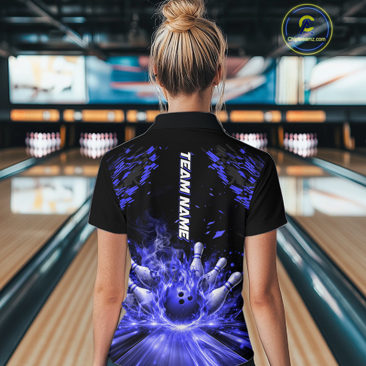 Custom Blue Flame Bowling Team Shirt for Women Polo & 1/4-Zip Bowling Jersey Bowling League Uniform QZT866