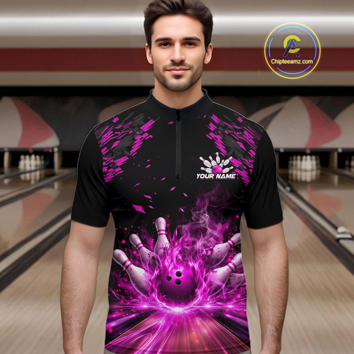 Custom Pink Flame Bowling Team Shirt for Men Polo & 1/4-Zip Bowling Jersey Bowling League Uniform QZT866