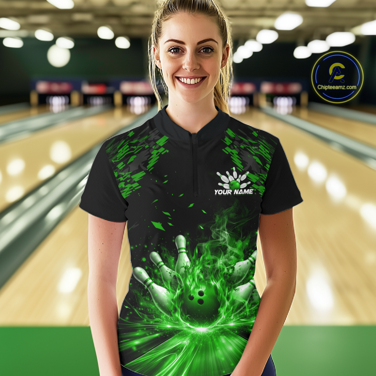 Custom Green Flame Bowling Team Shirt for Women Polo & 1/4-Zip Bowling Jersey Bowling League Uniform QZT866
