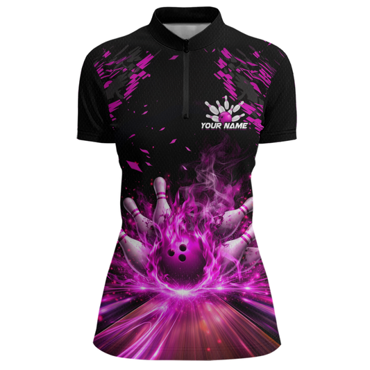 Custom Pink Flame Bowling Team Shirt for Women Polo & 1/4-Zip Bowling Jersey Bowling League Uniform QZT866