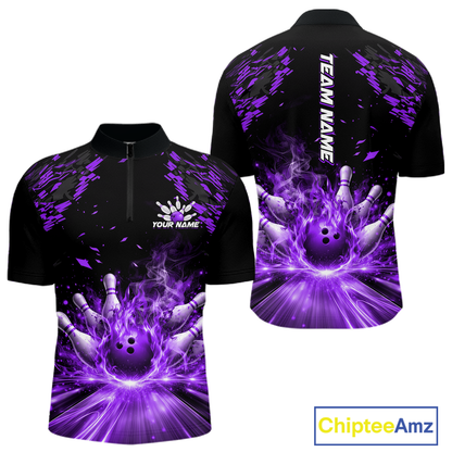 Custom Purple Flame Bowling Team Shirt for Men Polo & 1/4-Zip Bowling Jersey Bowling League Uniform QZT866