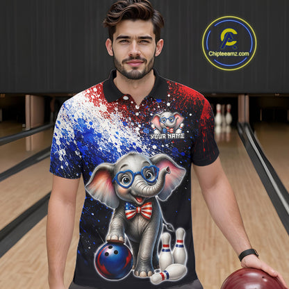 Man wearing custom American Flag elephant bowling polo shirt, front view mockup, personalized bowling league jersey.