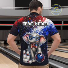 Load image into Gallery viewer, Man wearing custom American Flag elephant bowling 1/4 zip shirt, back view mockup, personalized bowling league jersey.