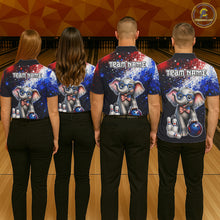 Load image into Gallery viewer, Bowling team wearing custom American Flag elephant bowling shirts, group back view mockup, personalized team jerseys.