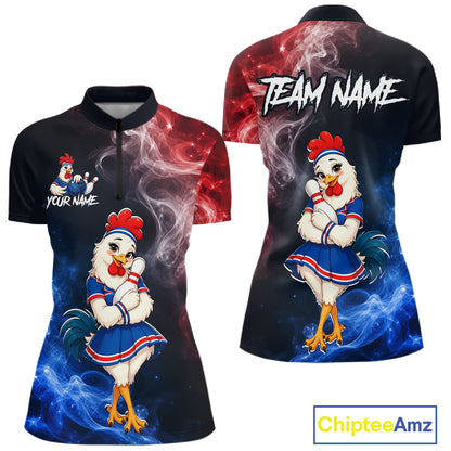 Custom American Flag smoke funny rooster bowling quarter-zip shirt, front and back views, bowling league jersey for women