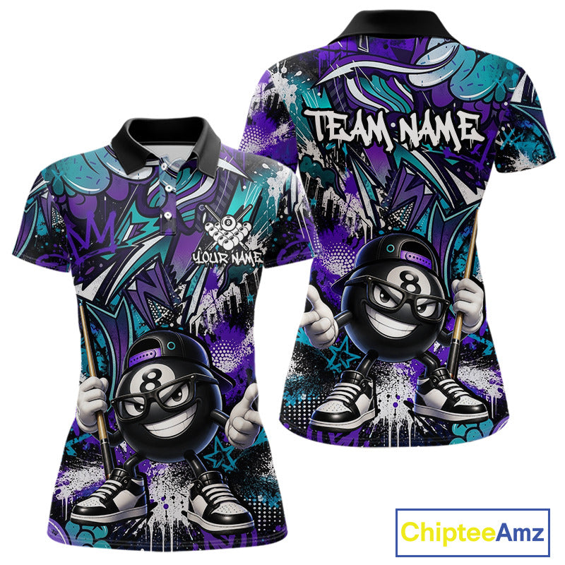 Teal and purple polo shirt with cartoon character design and 'Chiptee Amz' branding.