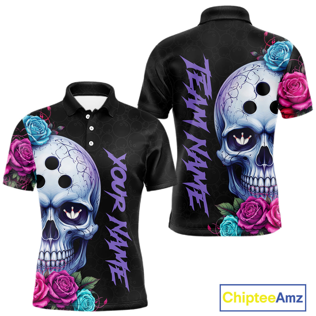 Black polo shirt with skull and floral design on front and back, customizable text.