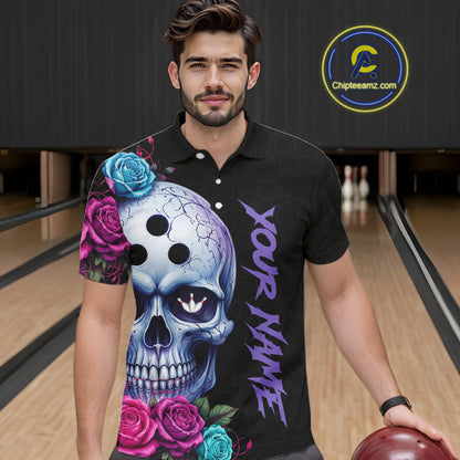 Man wearing a black polo shirt with a skull and floral design in a bowling alley.