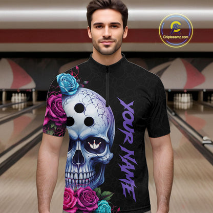 Man wearing a black jersey with a colorful skull design and 'Your Name' text in a bowling alley.